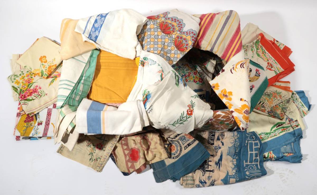 Lot 2032 - Assorted Circa 1950s and Later Cotton and Linen Table Cloths, including printed, striped,...