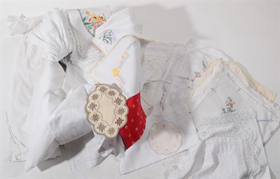 Lot 2036 - Assorted White Linen, Embroidered Textiles, including circa 1930 silk embroidered table cloths,...