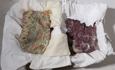 Lot 2038 - Assorted White Linen Bed and Table Linen, white cotton undergarments (some part); Indian cream...
