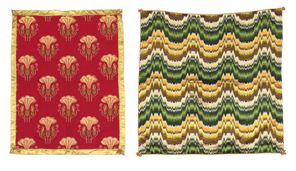 Lot 2044 - A 19th Century Red Ground Tapestry Panel, decorated with yellow/cream trumpet shaped flower...
