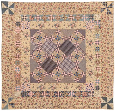 Lot 2048 - Early 19th Century Patchwork Quilt, with large central square incorporating printed patches in...