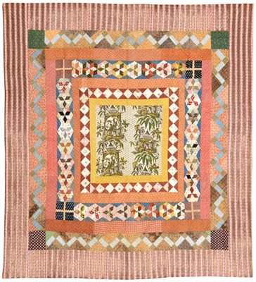 Lot 2051 - Circa 1800-1820 Chinoiserie Framed Patchwork Quilt,  the central panel printed in green, yellow and