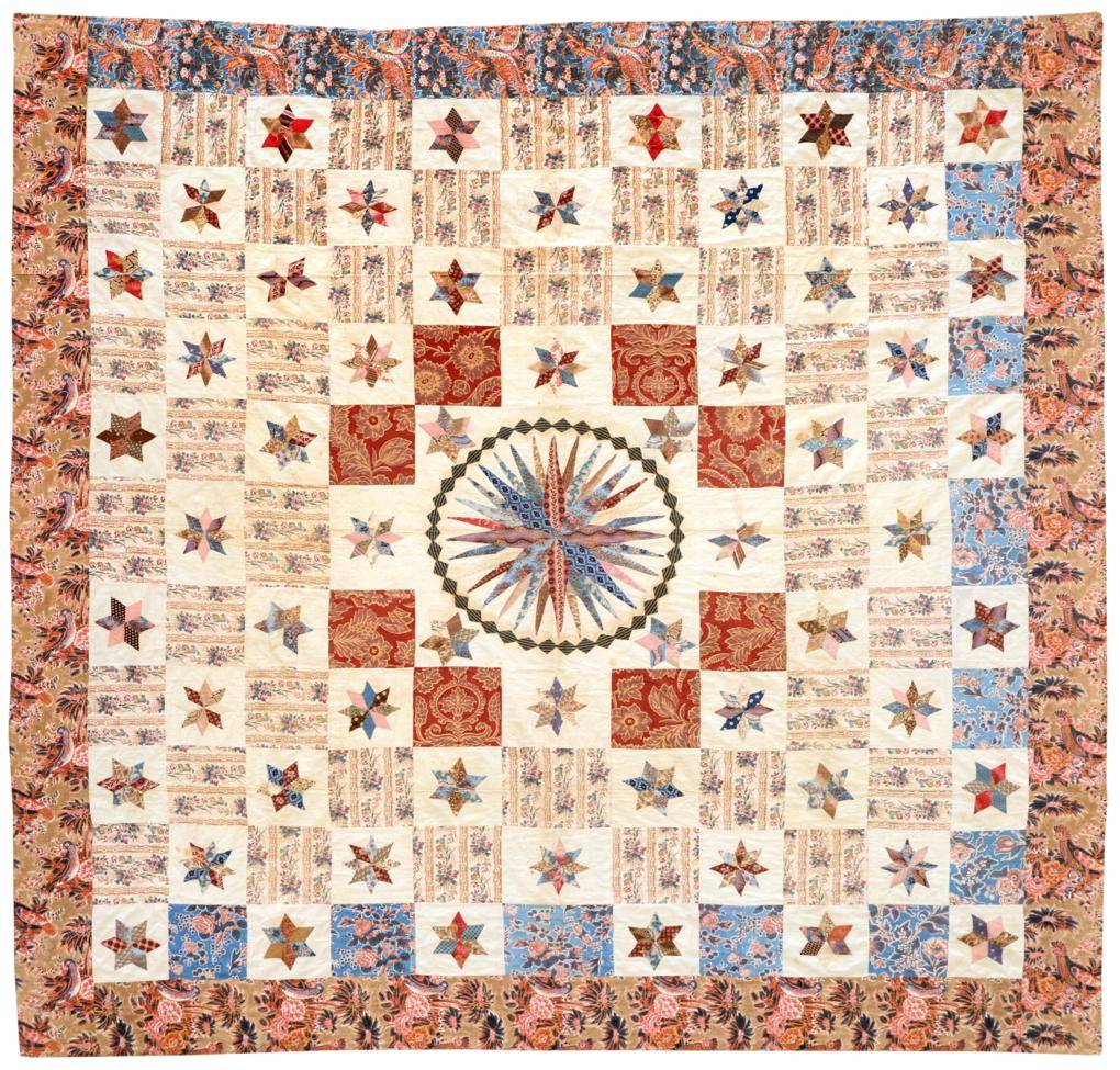 Lot 2054 - Circa 1810-1830 Mariners Compass Patchwork Quilt, comprising central compass surrounded by...