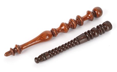 Lot 2063 - 19th Century Yorkshire Pitch Pine Knitting Stick, of ring and baluster turned form, 20cm;...