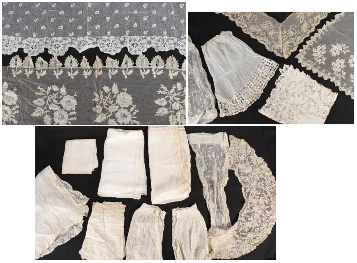 Lot 2067 - Assorted Late 19th and Early 20th Century Lace, including a Brussels collar, a Honiton bonnet...