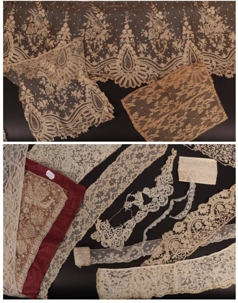 Lot 2069 - Assorted Lace, including a Valenciennes style trim decorated with birds and dogs, tape lace...