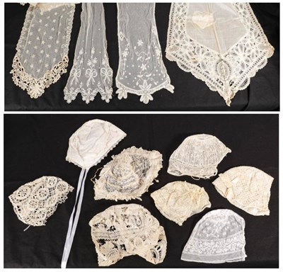 Lot 2077 - Assorted Circa 1900 and Later Lace Baby Bonnets and an Apron, Stoles, comprising a white cotton...