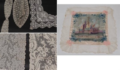 Lot 2080 - Assorted Lace and Items, comprising a large cream silk hand painted panel 'Souvenir of Y'pres - Les