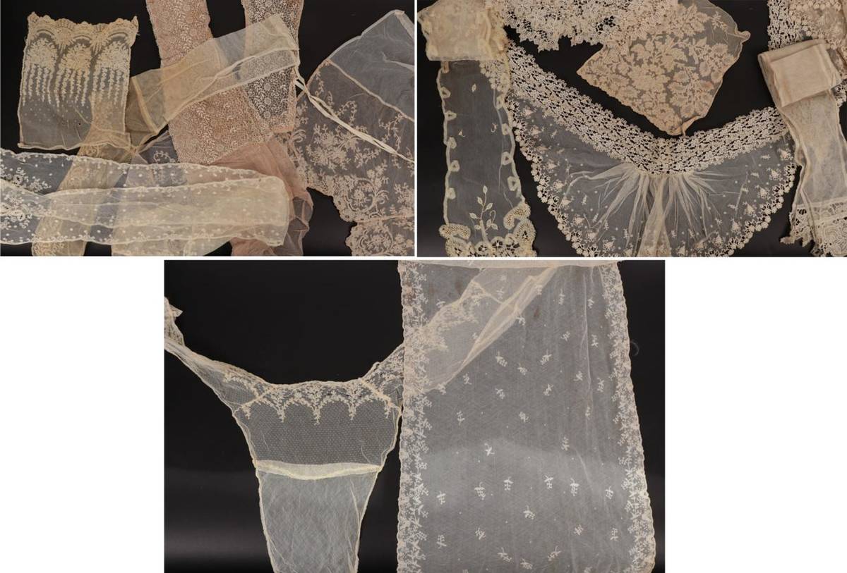 Lot 2084 - Assorted 19th Century and Later Lace, including a tape lace lappet with hand embroidery,...