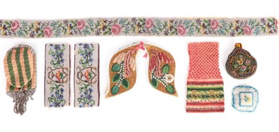 Lot 2089 - Assorted 19th Century Beadwork Examples, including a pair of bead cuffs backed with cream silk, and