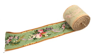 Lot 2091 - Circa 1850 French Silk Corded Wide Trim, on apple green background decorated with garlands of roses