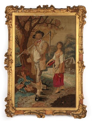 Lot 2098 - Early 19th Century Large Wool Embroidered Picture on Painted Silk, depicting a farmer wearing...