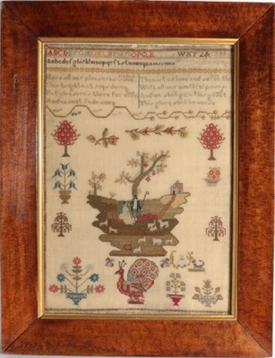 Lot 2102 - 19th Century Sampler, Worked by Harriet Humpage, worked centrally with dense needlework of a...