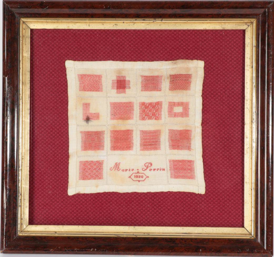 Lot 2104 - Late 19th Century European White Cotton Darning Sampler, split into 15 squares and a rectangle,...