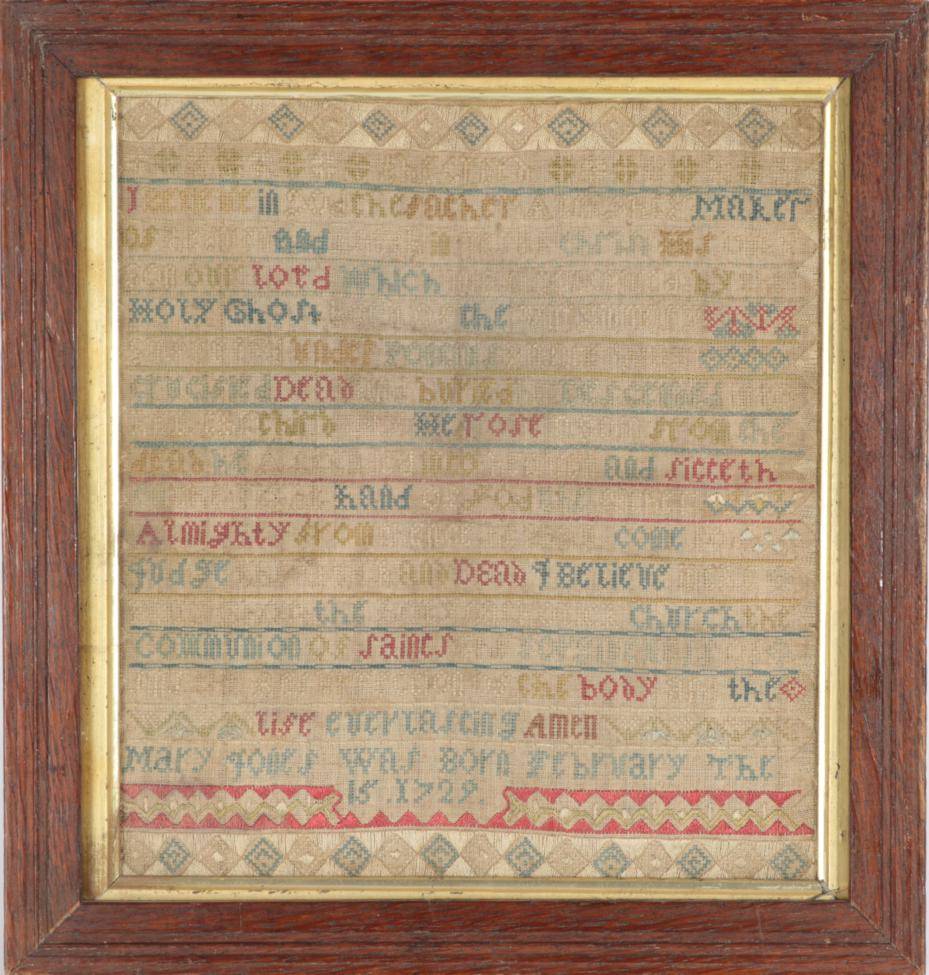 Lot 2105 - 18th Century Sampler by Mary Jones Born February 15 1729, worked in a band format in coloured...
