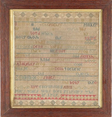 Lot 2105 - 18th Century Sampler by Mary Jones Born February 15 1729, worked in a band format in coloured...