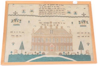Lot 2107 - Early 19th Century Sampler Depicting Noseley Hall, the 'Seat of  Sir Arthor Heazelrigs,...