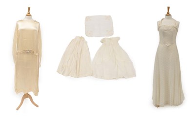 Lot 2124 - Circa 1920s Cream Silk and Chiffon Drop Waist Wedding Gown, with scoop neck, sheer chiffon long...