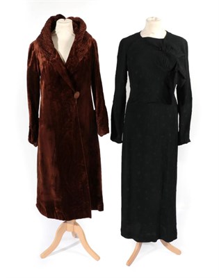 Lot 2125 - 1920s Chocolate Brown Velvet Opera Coat, with the deep collar and cuffs with gathered detail,...