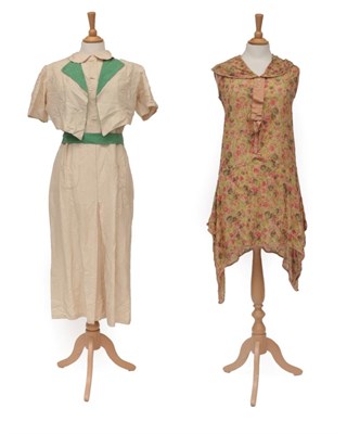 Lot 2128 - Circa 1920s Sleeveless Day Dress, on a peach cotton woven ground printed with pink and green flower