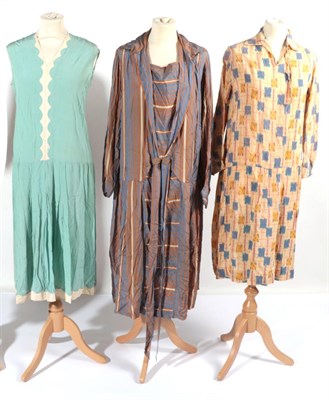 Lot 2130 - Three 1920s Day Dresses, comprising a turquoise silk sleeveless dress with scalloped edge to...