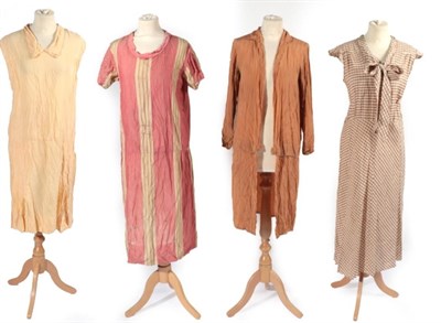 Lot 2133 - Four 1920s Day Dresses, comprising a buttermilk sleeveless dress with part-pleated skirt; a...