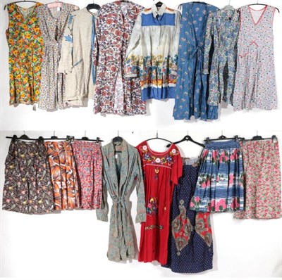 Lot 2148 - Assorted Circa 1950s Printed Cotton Pinafores, House Coats and Skirts, eight housecoats with labels