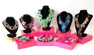 Lot 2185 - Five Necklaces and Three Necklace and Earring Sets, by Butler & Wilson, comprising of a black, pink