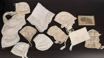 Lot 2188 - Ten Mainly 19th Century White Cotton Baby Caps and Bonnets, with lace insertions, embroidered work