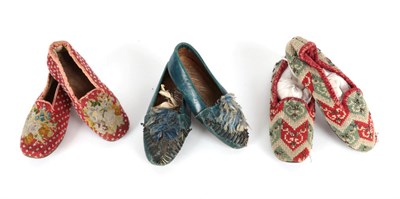 Lot 2190 - Three Pairs of Childs' 19th Century Shoes, comprising pair of wool work slippers with bead...