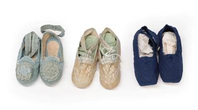 Lot 2191 - Three Pairs of 19th Century Childs Silk Shoes, in pale blue silk with rosettes to the front,...