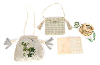 Lot 2198 - Early Victorian Pale Blue Silk Reticule, with drawstring top, embroidered with chenille leaves...