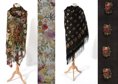 Lot 2208 - Early 20th Century Black Silk Shawl, woven with coloured silk floral motifs overall, within a...