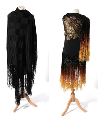 Lot 2209 - Circa 1920s Black Chequered Silk Shawl, with fringed trim, 97cm by 117cm (excluding fringing);...