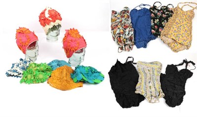 Lot 2214 - Assorted Circa 1950s Bathing Suits and Rubber Hats, including a black cotton floral smocked...