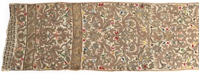 Lot 2228 - 19th Century Ottoman Table Runner, worked in gold and silvered metallic threads, in foliate designs