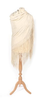 Lot 2238 - Circa 1920s Chinese Cream Silk Shawl, with embroidered flowers and macramé fringed edges, 157cm by