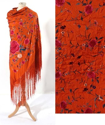 Lot 2239 - Early 20th Century Chinese Orange Silk Shawl, embroidered overall with pink chrysanthemum...