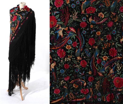 Lot 2240 - Early 20th Century Chinese Black Silk Shawl, embroidered overall in coloured silks with exotic...