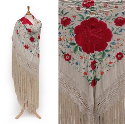 Lot 2241 - Large Early 20th Century Chinese Cream Silk Throw, embroidered overall with large red chrysanthemum