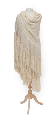 Lot 2242 - Circa 1920s Large Chinese Cream Silk Shawl, embroidered overall in cream coloured silks with...