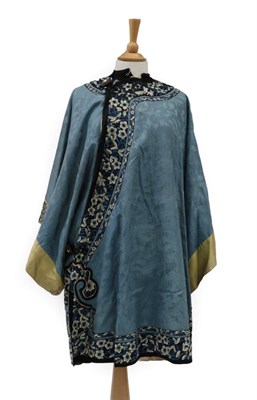 Lot 2245 - Early 20th Century Chinese Blue Figured Silk Jacket, with embroidered floral appliqués to the hem