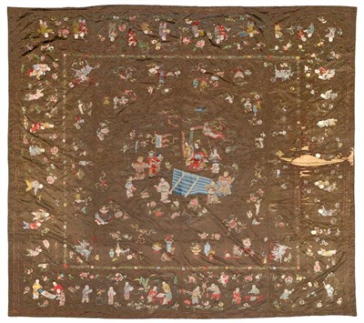 Lot 2246 - Large Late 19th/Early 20th Century Chinese Brown Figured Silk Embroidered Bed Cover/Panel,...