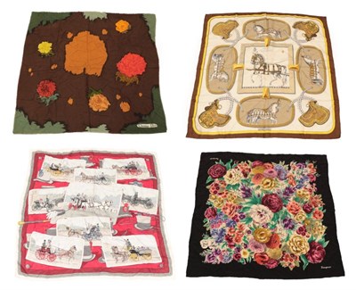 Lot 2247 - Silk Scarves, including a Hermès example printed with postcards of coaching scenes on a red ground