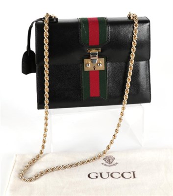 Lot 2270 - Gucci Black Leather Shoulder Bag, with signature green and red canvas stripe to front, twist...