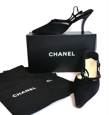 Lot 2276 - Pair of Chanel Black Suede Pointed Slingback Heeled Shoes, the strap mounted with a small metal...