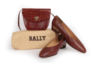 Lot 2286 - Pair of Bally 'Pablo' Mock-Croc Brown Leather Shoes, the low block heal with gilt metal trim...