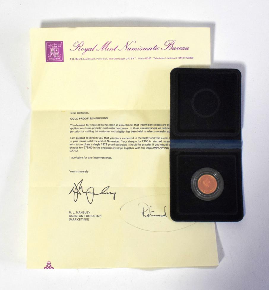 Lot 13 - Elizabeth II (1952-), proof Sovereign, 1979, (S.SC1). In case and box of issue, mint state