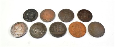 Lot 42 - Mixed halfpenny tokens (9): Bedfordshire Halfpenny Token, Leighton Buzzard, 1794, a girl making...