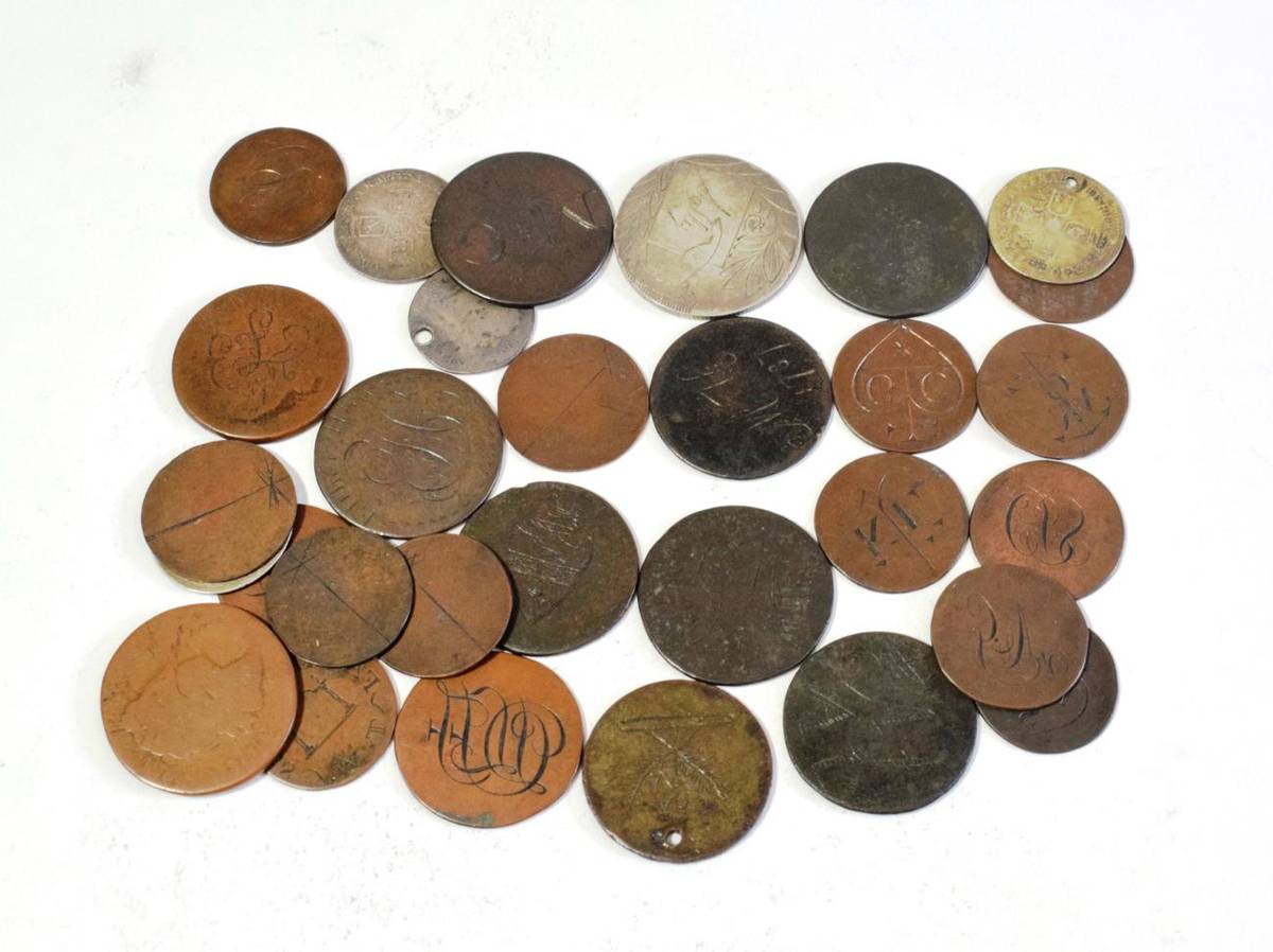 Lot 55 - A mixed group of engraved coins or love tokens (41), mainly 19th century, some earlier,...